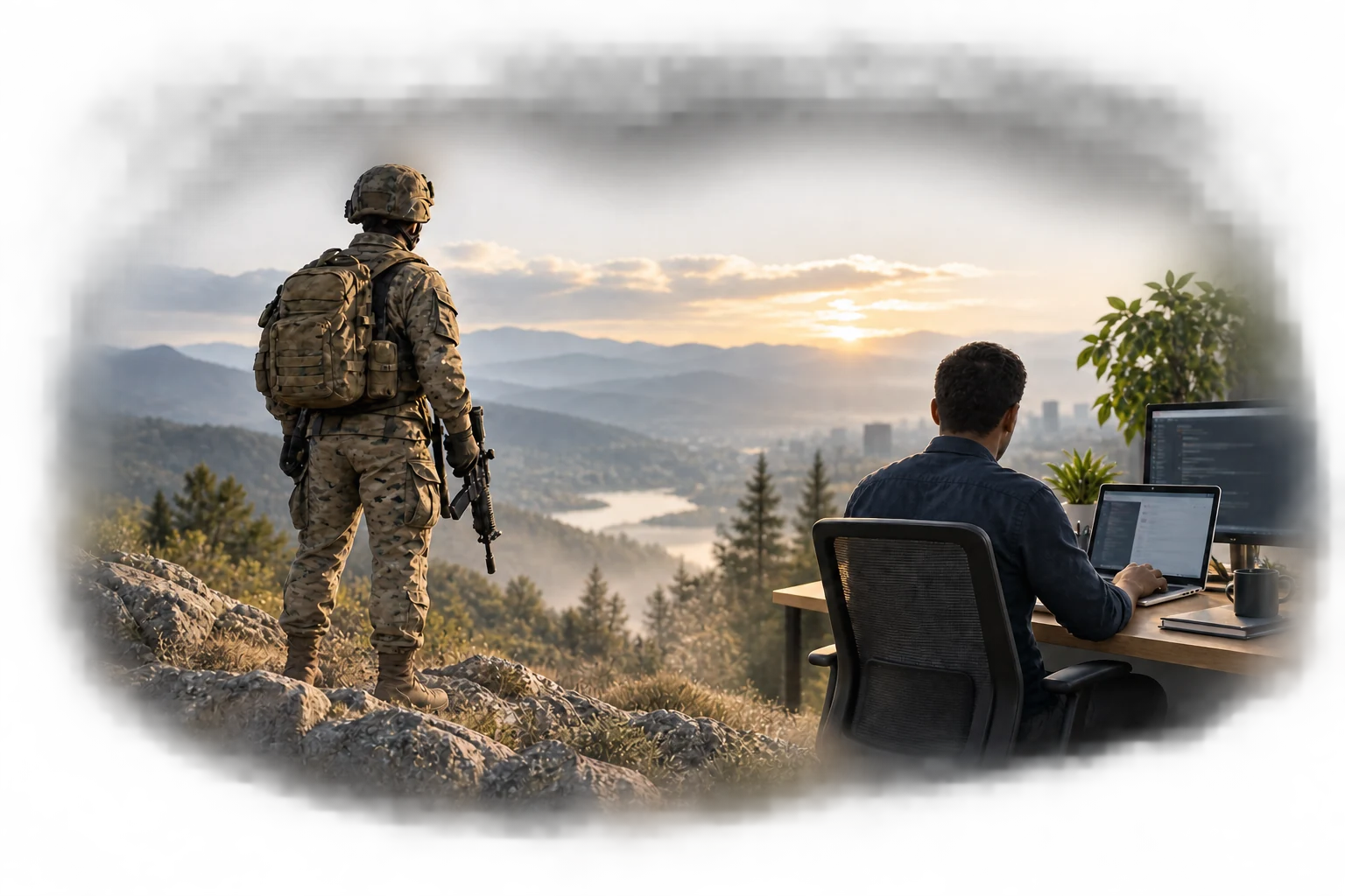 Symbolic photorealistic illustration of an Army soldier and a civilian IT professional, depicting the transition from Army service to technology.
